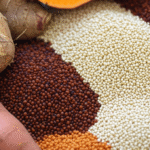 Grãos integrais e raízes ricas em nutrientes.