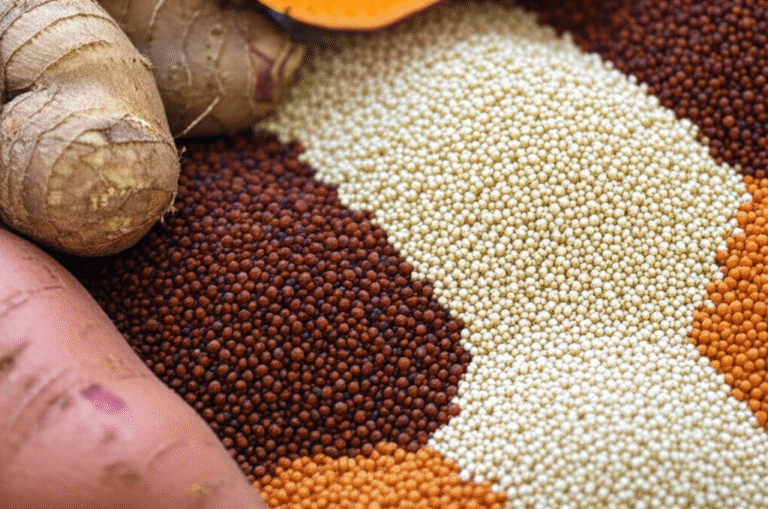 Nutrição Ancestral Grãos integrais e raízes ricas em nutrientes.