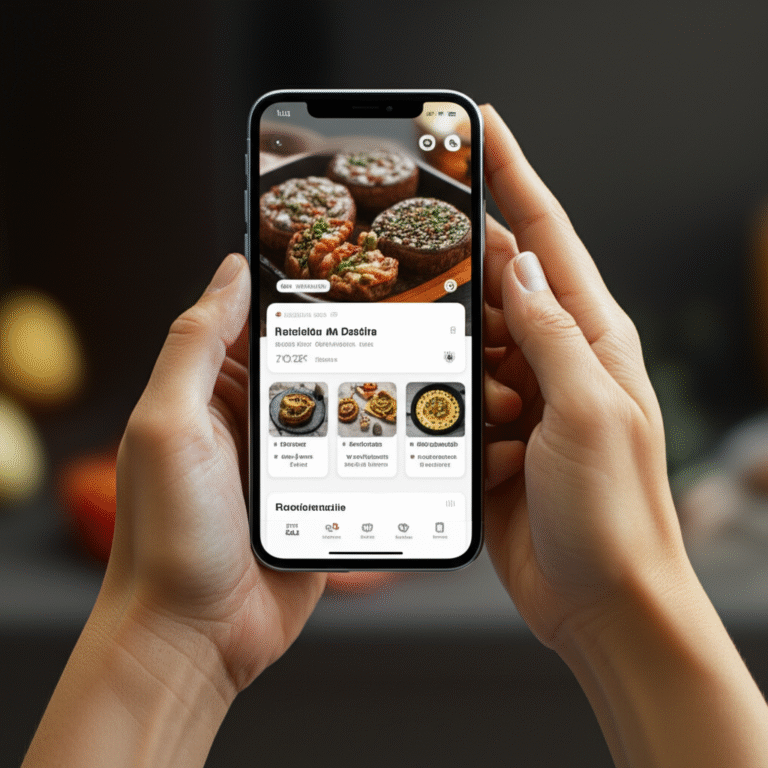 Apps de Culinária com Inteligência Artificial Mãos utilizando um aplicativo de culinária com IA em um smartphone.