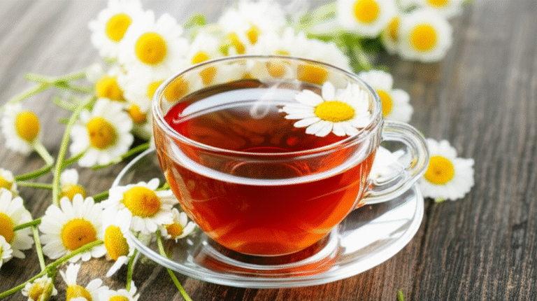 Chá de Camomila para Reduzir o Estresse Xícara de chá de camomila fumegante em um ambiente relaxante.
