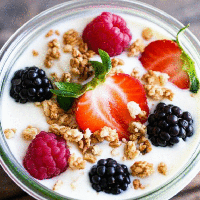 Iogurte Natural para Saúde Intestinal e Mental Pote de iogurte natural com frutas e granola.
