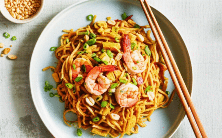 Pad Thai: Uma Delícia Tailandesa em Sua Casa Prato de Pad Thai tailandês com camarão e amendoim