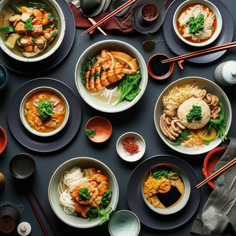 Mesa Posta: Uma Imersão na Cultura Gastronômica Mesa posta com pratos da culinária asiática e utensílios tradicionais