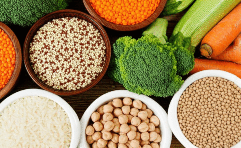 Ingredientes Veganos Essenciais Ingredientes básicos da culinária vegana: grãos, leguminosas e vegetais frescos.