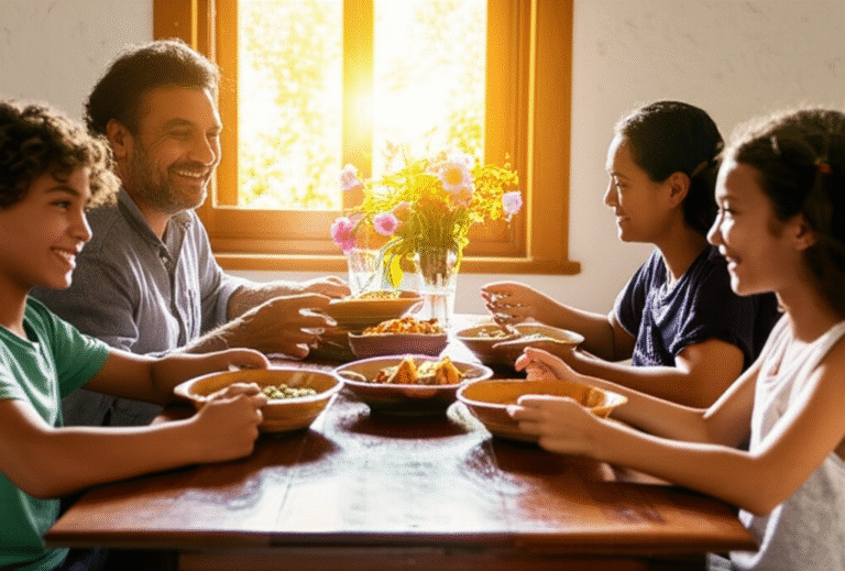 Compartilhando Sabores da Infância em Família Família reunida à mesa saboreando uma refeição caseira