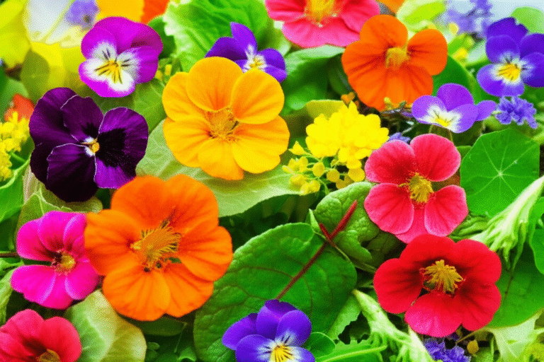 Salada Vibrante com Flores Comestíveis Flores comestíveis coloridas em salada fresca