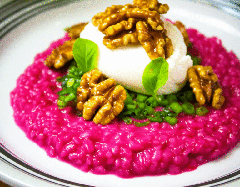 Risoto de Beterraba Inovador Risoto de beterraba com queijo de cabra e nozes