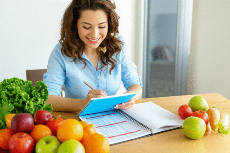 Planejamento Semanal Antidesperdício Mulher planejando cardápio semanal com lista de compras
