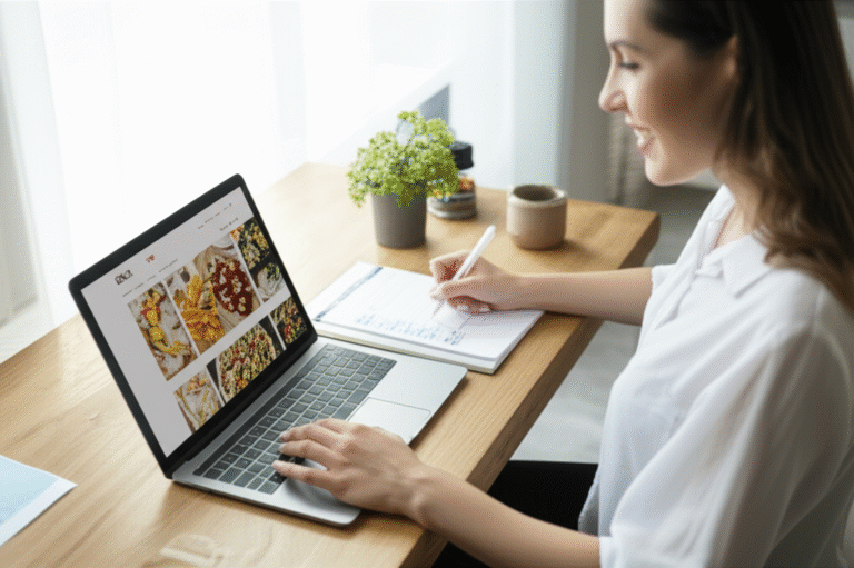 Planejamento Alimentar para Economia Mulher planejando cardápio semanal em casa.