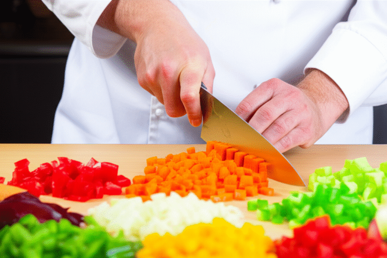 Técnicas de Corte Essenciais na Culinária Chef demonstrando diferentes técnicas de corte de legumes