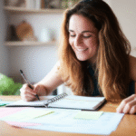 Mulher planejando refeições semanais em uma agenda