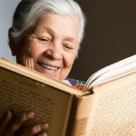 Mulher idosa sorrindo enquanto folheia um antigo livro de receitas manuscritas.
