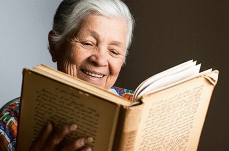 Livro de Receitas Manuscrito Mulher idosa sorrindo enquanto folheia um antigo livro de receitas manuscritas.