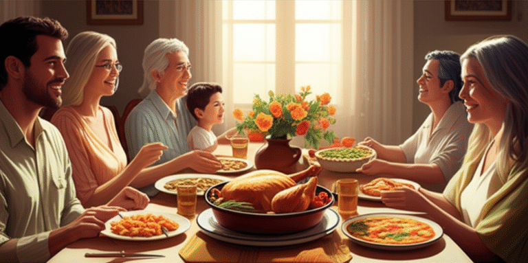 Compartilhando Receitas de Família Família reunida à mesa, compartilhando uma refeição preparada com receitas de família.