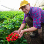 Agricultor colhendo morangos frescos em uma fazenda local