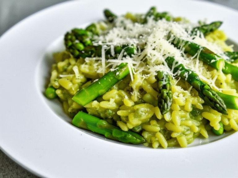 Prato de risoto de aspargos verdes fresco e apetitoso
