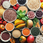 Variedade de grãos integrais, leguminosas e vegetais frescos