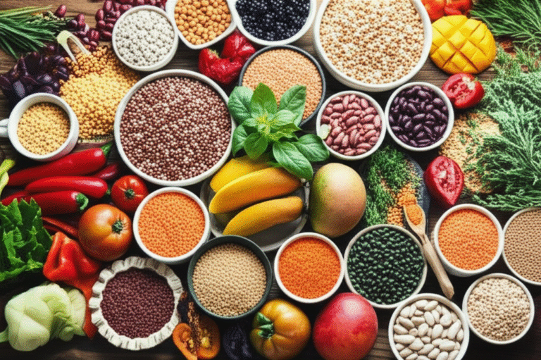Ingredientes da Culinária Ancestral Variedade de grãos integrais, leguminosas e vegetais frescos