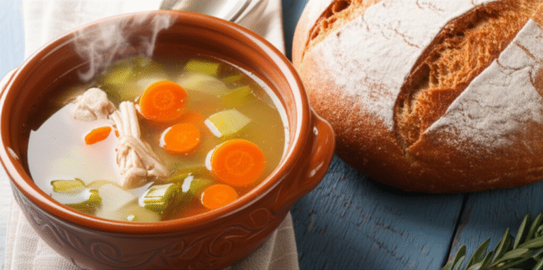 Receitas Ancestrais para Saúde Sopa de galinha caseira e pão de fermentação natural.