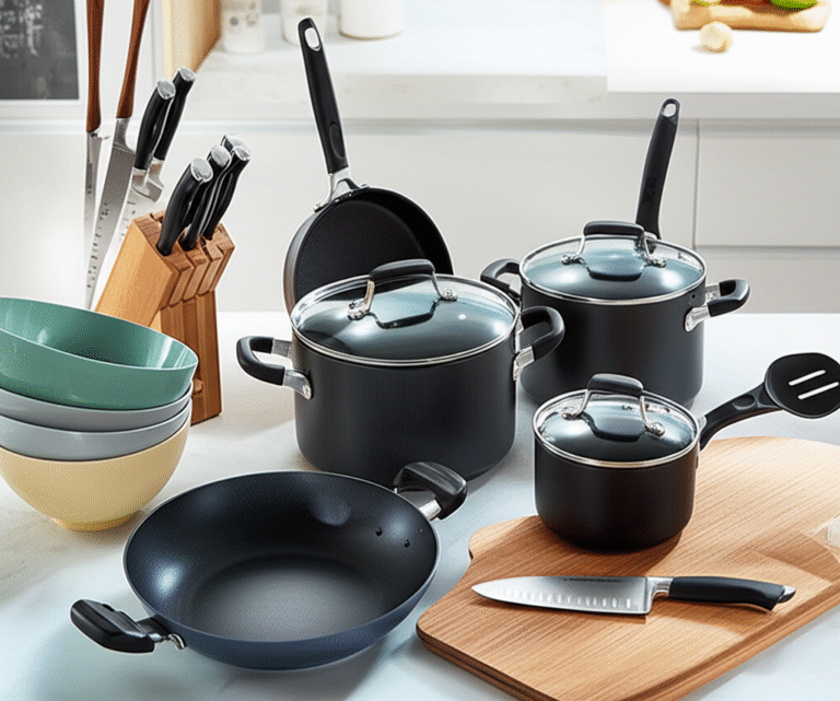 Utensílios de cozinha básicos dispostos em uma bancada.