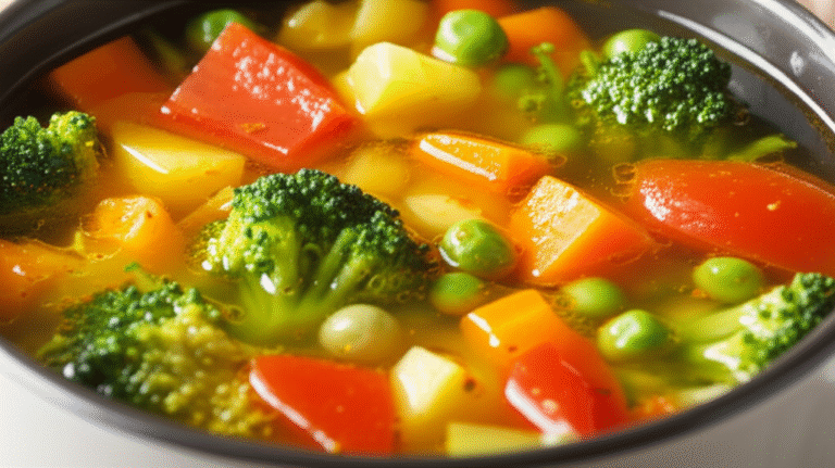 Tigela de sopa de legumes nutritiva e colorida.