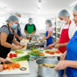 Voluntários preparando alimentos nutritivos para a comunidade.