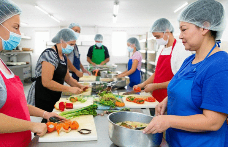 Voluntários preparando alimentos nutritivos para a comunidade.