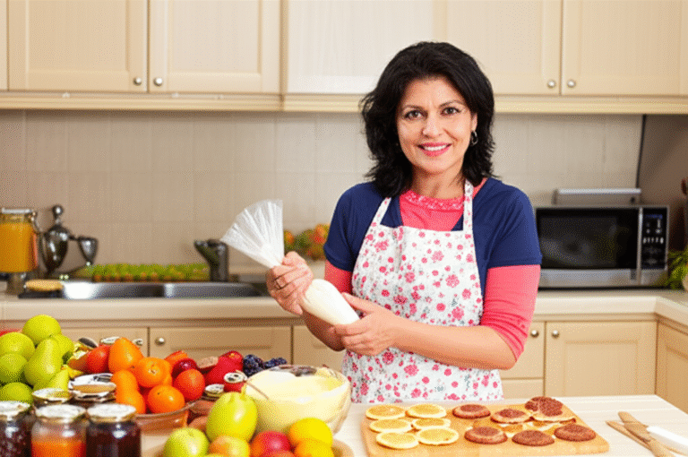 Empreendedora preparando doces caseiros para venda.