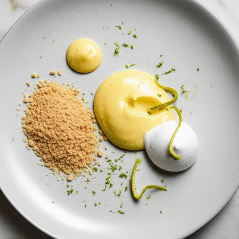 Desconstrução: Torta de Limão Torta de limão desconstruída em um prato.