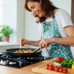 Cozinheira sorrindo preparando prato sem receita.