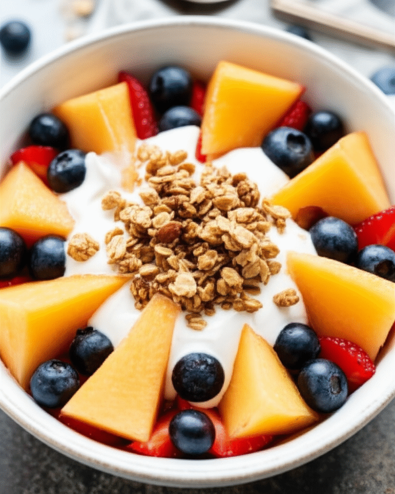 Salada de frutas colorida com iogurte e granola.